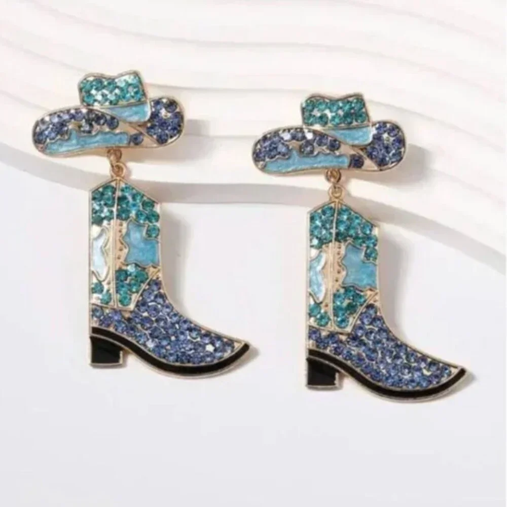 ⭐️❤️ FREE Rhinestone Cowboy Boots Nashville Party Hipster Rock Country Earrings